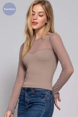 Mushroom Taupe Crew Neck Mesh Sweetheart  Long Sleeve Ribbed Top